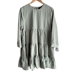 Boutique Long Sleeve Ruffle Dress L Sage Green Tiered Below Knee Feminine NWT